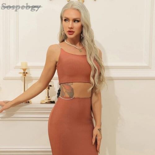 Summer Womens Bandage 2 Two-piece Sexy Sleeveless Spaghetti Strap Diamond Top Midi Skirt Brown Elegant Temperament Suit