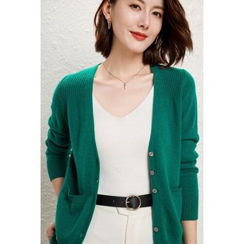 100% Australian Wool Knitting Cardigans Women V-neck Long Sleeve Soft Warm Jackets Female Standard Clothes