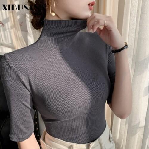 2021 Summer Elegant Half Sleeve Cotton Knitted Tops For Women Half Turtleneck T-shirts Female Slim Elastic Tee Shirts Pullovers