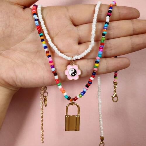 Bohemian Colorful Beads Metal Lock Multilayer Necklace For Women Pearl Beaded Enamel Flower Pendant Necklaces New Trend Jewelry