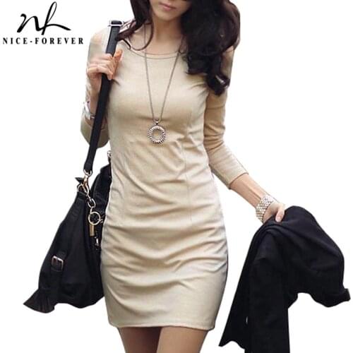 Nice-forever Autum Women Solid Color Chic Cold Shoulder Fashion Dresses Business Bodycon Fitted Slim Dress bty460