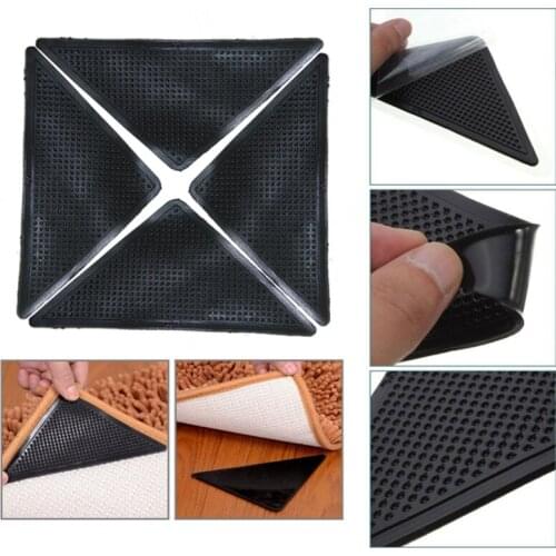 4Pcs Home Floor Rug Carpet Mat Grippers Self-adhesive Anti Slip Tri Sticker Reusable Washable Silicone Grip Pads