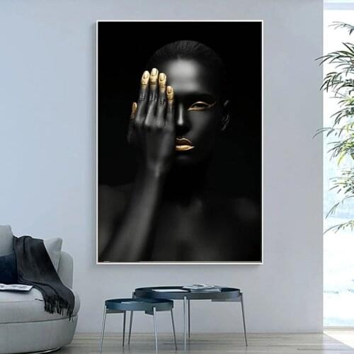Abstract Gold Black African Woman Oil Painting on Canvas Art Posters and Prints Wall Art Picture for Living Room Home Decoration