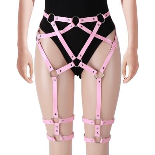Pink Leather Harness Body Bondage Women Garter Belt Hollow Out Stockings Crop Punk Pastel Goth Adjust Festive Carnival Clothing
