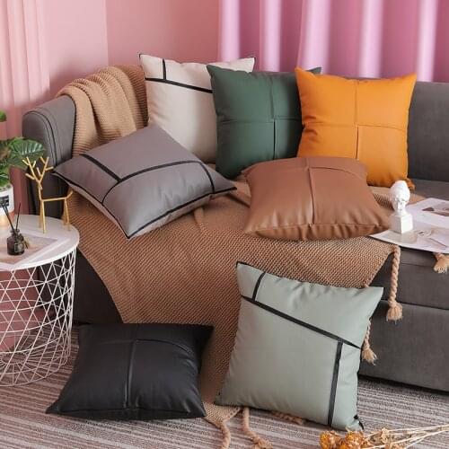 Nordic Style PU Leather Throw Pillow Case Solid Color Modern Abstract Patchwork Cross Square Cushion Cover Pillowcase Sofa Decor