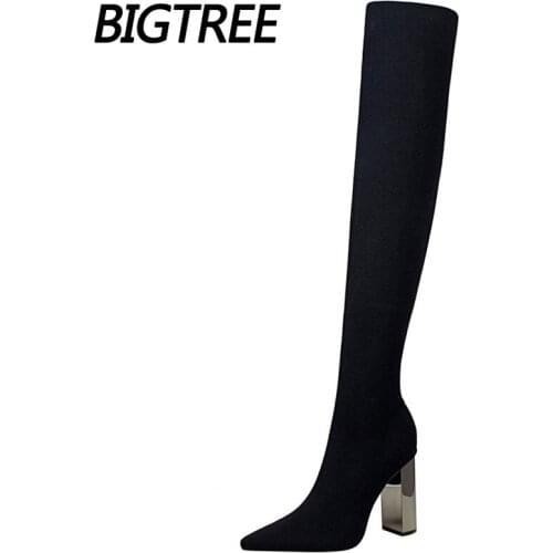 Black Long Boots Sexy Over The Knee Boots Metal Heel Women Shoes Pointed Toe High-heel Boots Autumn Winter Shoes Stretch Boots
