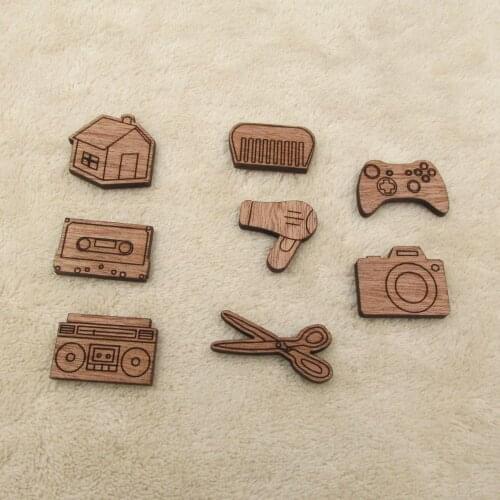 Laser engraved Wooden Charms House Camera Game Cassette Tap Items Boombox Scissor Cutouts Pendant For Jewerly DIY Making