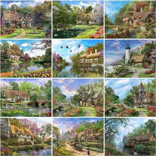 Evershine 5D DIY Diamond Painting House Cross Stitch Kit Diamond Embroidery Lake Landscape Diamond Mosaic Spring Home Decoration