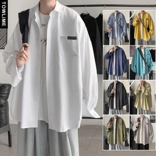 Harajuku Colorful Pocket Tops Long Sleeve Shirts For Men Basic All-Match Solid Button Up Loose Shirts Women Casual Outwear