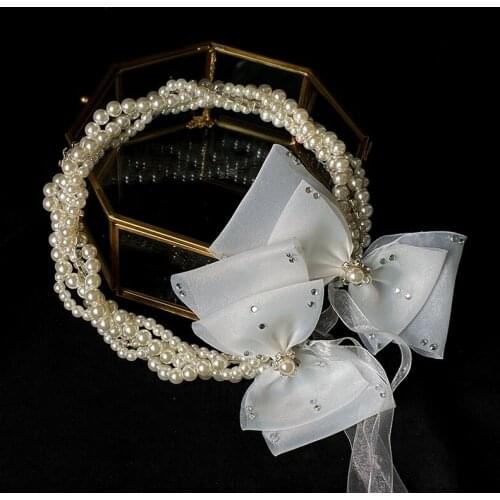 Bride Korean retro headdress veil Super Fairy Studio wedding trip dress accessories bow Pearl hair band