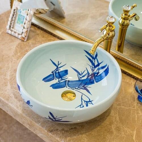 China Painting Blue and white Ceramic Painting Art Bathroom Vessel Sinks Round counter top dining room wash basin