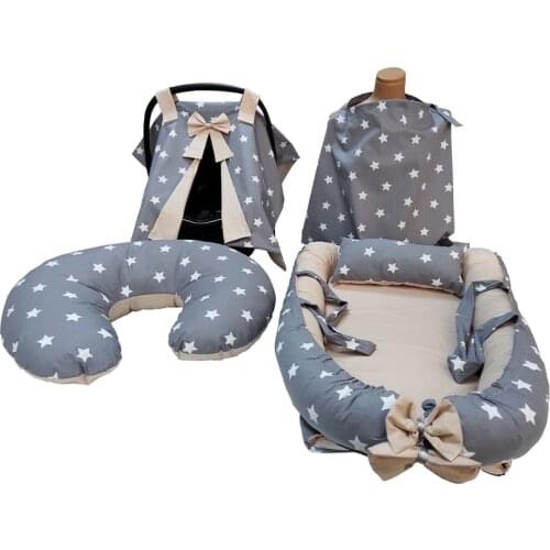 4'lü Baby Nest Set Breastfeeding Apron Living Cushion Travel Bed Portable Nest Luxury Cotton Fabric Sleeping Basket Cradle