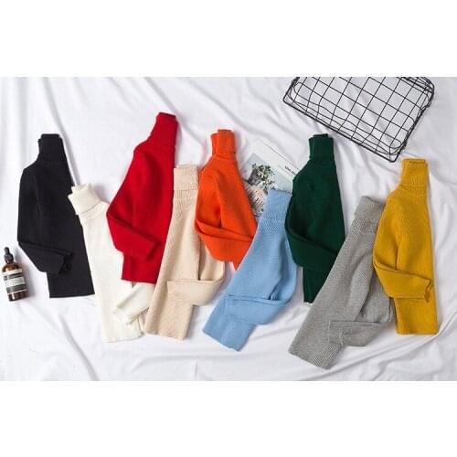 Korean solid color autumn and winter casual fashion knitted turtleneck cotton candy color base children sweater