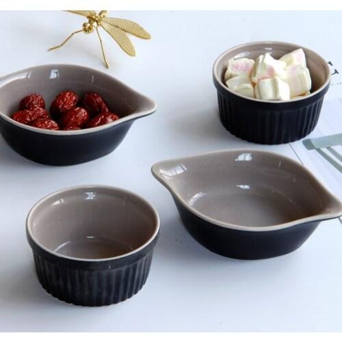 Creative Black Matte Binaural Ceramic Baking Bowl Souffle Cake Baking Bowl Pudding Bowl Snack Bowl Cake Small Baking Bowl
