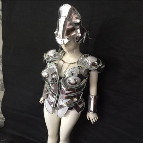 KS18 Catwalk show wears singer stage dance costumes ballroom dress robot suit women silver mirror clothe armor outfits headpiece