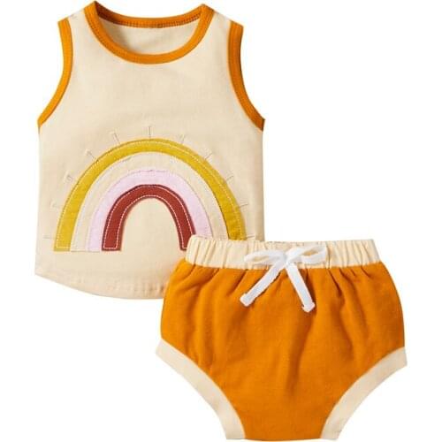 Baby Girls Summer Casual Two-piece Clothes Set Rainbow Printed Pattern Round Collar Vest Tops+ Shorts Sport Cloithing Outfits