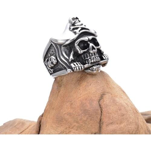 Mens Silver color Pirate Skull Knife Caribbean Biker Stainless Steel Ring