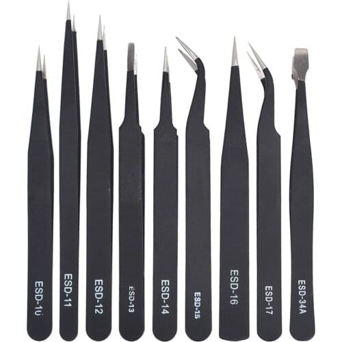 9PCS Stainless Steel Electronic Precision Tweezers Set Anti Static Repair Hand Tool Kit With Blue/Orange Storage Bag