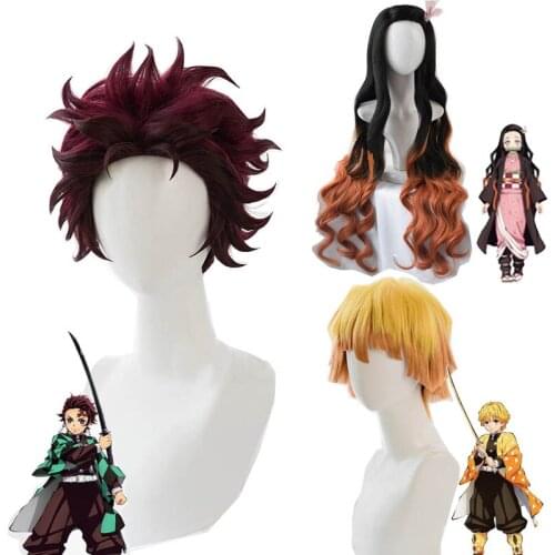 CosZtkhp 2021 New Nezuko Tanjirou Kamado Wigs Demon Slayer Kimetsu no Yaiba Cosplay Wigs Zenitsu Agatsuma Golden Short Hair