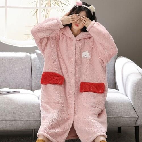 Pajamas Womens Autumn and Winter Coral Fleece Thickened Fleece Bathrobe Extended Nightgown Cute Cartoon Flannel Homewear