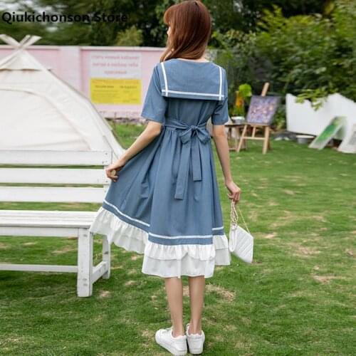 Summer Women Long Midi Dress Preppy Style Cute Bow Sailor Collar Lace-Up High Waisted Flounce Stitch Ruffle Dresses Teen Girls