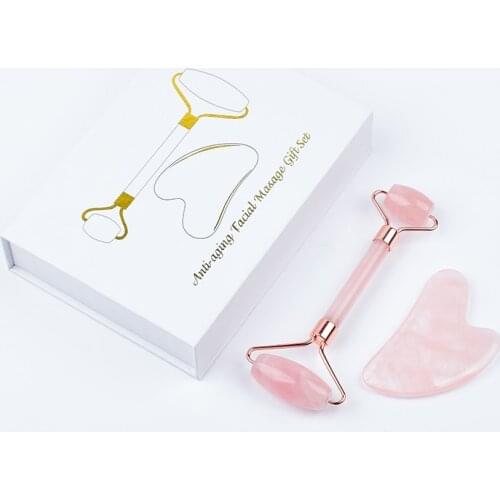 Natural Rose Quartz Double Head Roller + Guasha with gift Box Female Anti-Aging Body Head Portable Beauty Health Care Tools