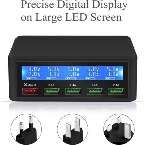 Universal ntelligent USB Qualcomm QC3.0 Quick Charging 5 Ports Mobile Phone USB Charger with High Definition LCD Display