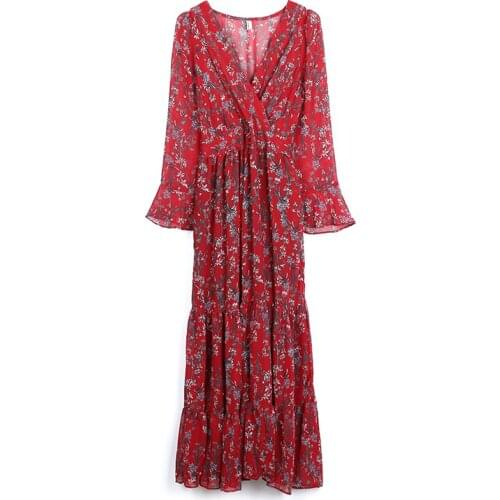 PERHAPS U Korean Red Print Floral V Neck Chiffon Empire Long Sleeve Midi Dress Autumn Beach D1843