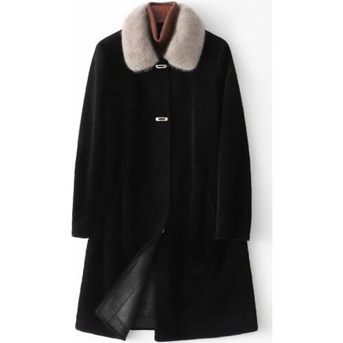 High Quality Winter Mink Collar Wool Coat Black Mid-Length Autumn Fashion Long Sleeves Double-faced Fur Jacket Lined with Suede