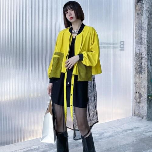 Johnature 2021 New Streetwear Long Jackets For Women Autumn Fashion All Match Patchwork Mesh Loose Baseball Uniform Coats