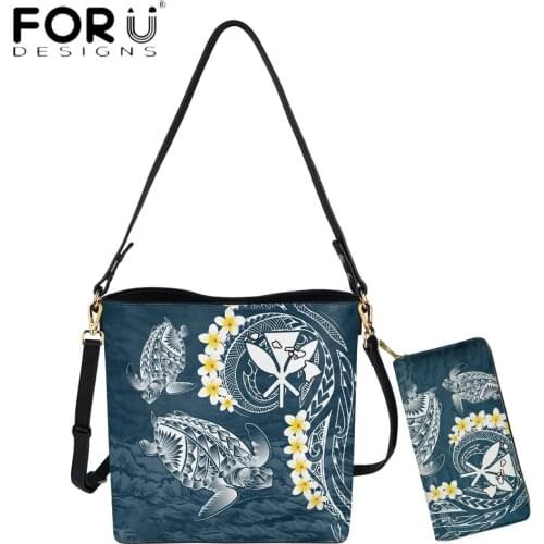 FORUDESIGNS Hawaii Turtle Mix Polynesian Plumeria Print Female Casual PU Leather Bucket Bag With Clutch Purse Sac A Main