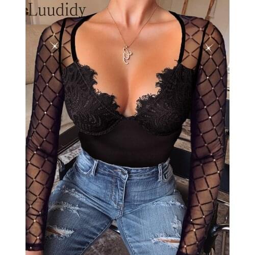 Women Sexy Glitter Bodysuits Eyelash Lace Hollow Out Bodysuit Mesh Bodysuit