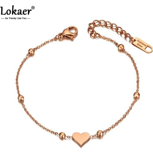 Lokaer Titanium Stainless Steel Heart Charm Bracelets For Women Girls Cute/Romantic Rose Gold Chain Link Bracelet Jewelry B20069