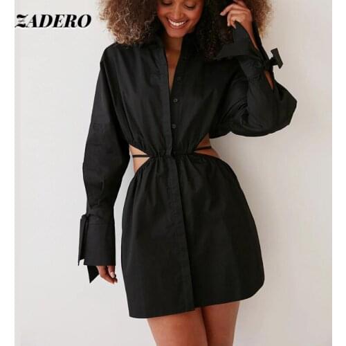 Shirt Dress for Women 2021 Summer Sexy Waist Hollow Long Sleeve Lace Up Elegant Office Lady Fashion Bandage White Dress Casual