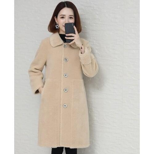 Women winter coat with natural fur, sheep haircut, wool jacket, korean long coats and jackets, womens clothing, 2020