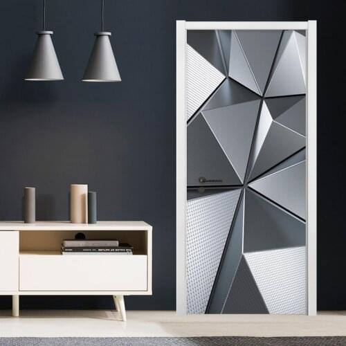 3D Door Murals Wallpaper Modern Geometric Imitation Metal Texture Door Sticker PVC Self-Adhesive Waterproof Door Poster 3D Decal
