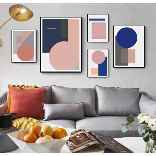 Abstract Posters And Prints Geometric Lines Pink Blue Color Block Wall Art Canvas Painting Nordic Wall Pictures For Living Room