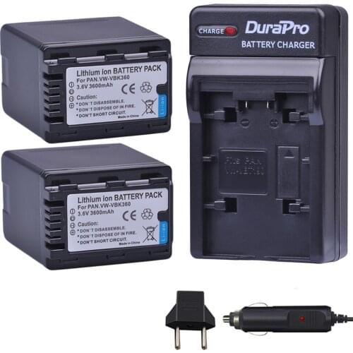 2PC VW-VBK360 VW VBK360 Camera Battery + Car Charger for Panasonic HDC-HS80 SD40 SD60 SD80 SDX1 SDR-H100 H85 H95 HS60 HS80 TM60