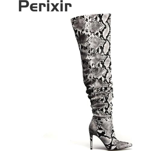 Perixir Strechy Thigh High Boot Snake Skin Over the Knee Boots Sexy Super High Thin Heel Pointed Toe For Winter Ladies Boots