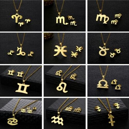 Yungqi Stainless Steel Zodiac Necklace Celestial Necklace Earring Jewelry Set Constellation Clavicle Pendant Best Friend Gift