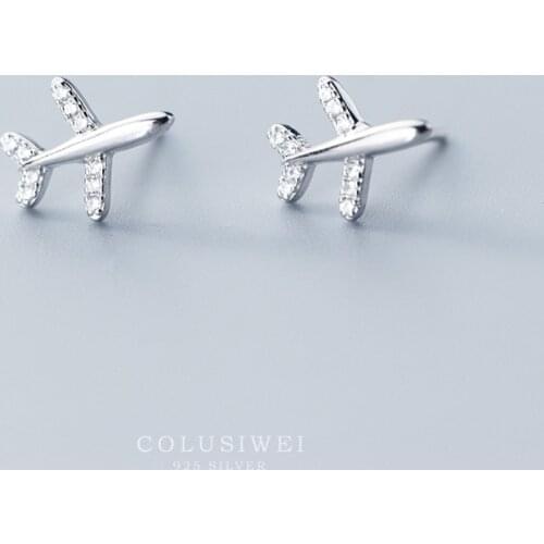 Colusiwei Plane Design Earrings for Women Shiny Clear CZ Paved Aircraft Stud Earrings Female 925 Sterling Silver Studs Jewelry