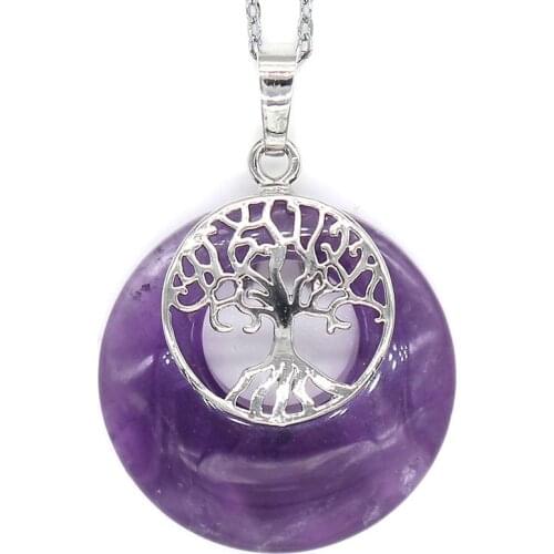 KFT Natural Healing Crystal Quartz Stone Round Hollow Reiki Tree of Life Purple Amethysts Stone Pendant Necklace