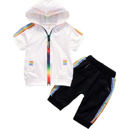 Fashion Summer Kids Boys Girls Clothes Sportswear Short Sleeve Colorful Zipper Hoodies Pants 2Pcs/set Children Cotton Outfit Set