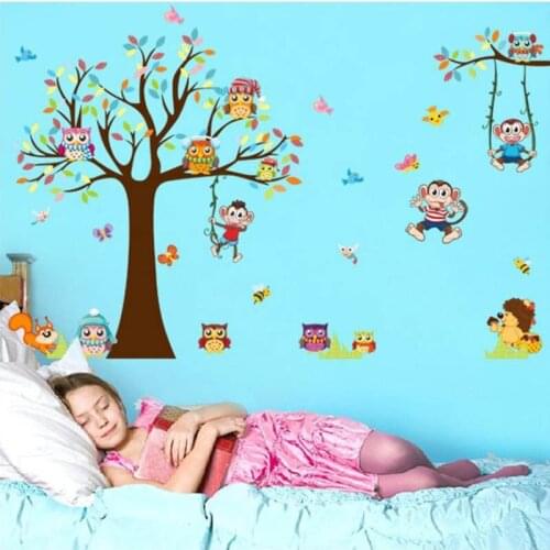 Forest Animals Tree Wall Stickers for Kids Room Monkey Bear Jungle Wild Children Wall Decal Nursery Bedroom Decor Poster Mural