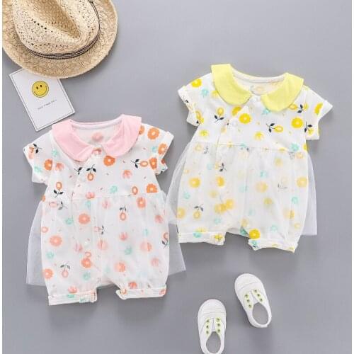 Summer Baby Girl Romper Sweet Floral Print Patchwork Mesh Doll Collar Short Sleeve Baby Rompers Cotton Soft Baby Clothes 0-18M