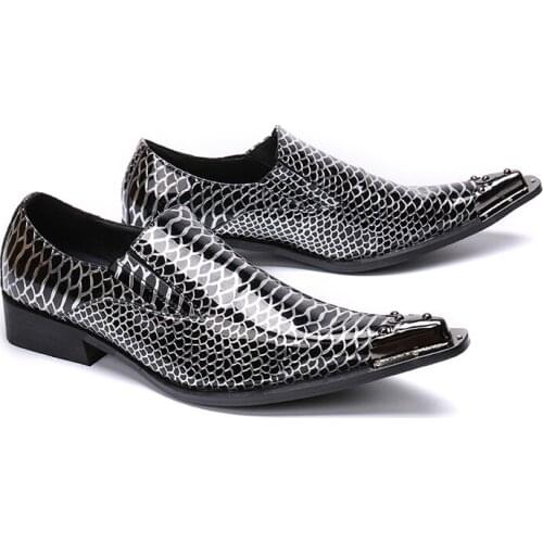 Mens Metal Pointed Toe Business Dress Shoes Mens Flats Oxfords Slip-On Printed Black Leather Mens Shoes Casual Chaussure Homme