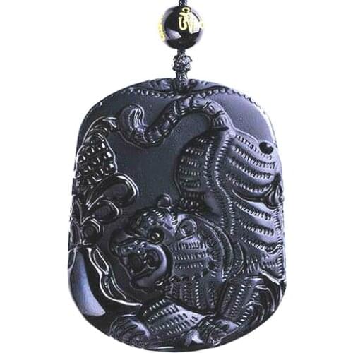 Natural Black Obsidian Tiger Pendant Beads Necklace Fashion Charm Jewellery Hand-Carved Lucky Amulet Gifts for Her Women Men