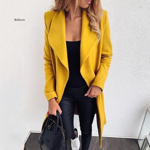 Autumn Winter Women Solid Color Streetwear Bandage Long Sleeve Woolen Coat Ladies Casual Slim Thick Outwear Plus Size