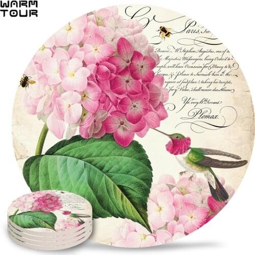 Hummingbird with Hydrangea Coasters Waterproof Tea Cup Mat Christmas Home Decor Coffee Table Decor Ceramic Coasters