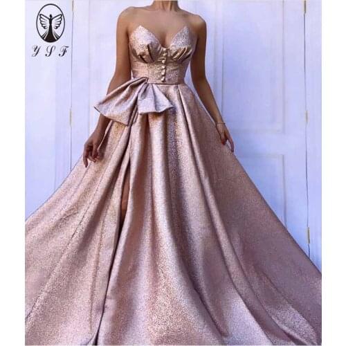 Simple but Elegant Rose Gold Sweetheart Sleeveless Boning Exposed Buttons Thigh Side Slit Bling Bling Prom Dresses 2019
